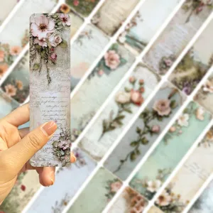 Vintage floral bookmark detail showing delicate cursive script and pink flower design.