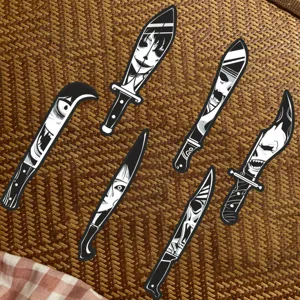 Creative horror knife shaped bookmarks set, creepy anime art design for reading and decor.