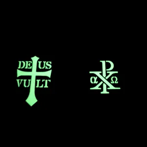 Glow in the dark morale patch detail showing Chi Rho and Deus Vult historical tactical emblem.