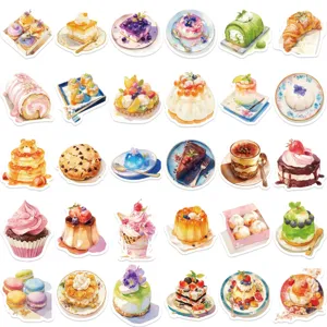 Cute dessert sticker pack with 30 pieces of waterproof watercolor pastry and cake decals.