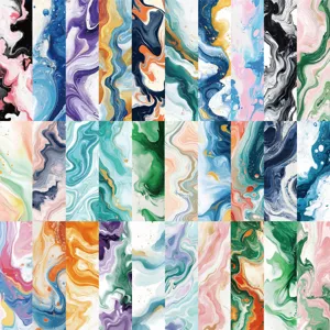 Gedetailleerd overzicht van kleurrijke fluid art bladwijzers met levendige marmerpatronen.