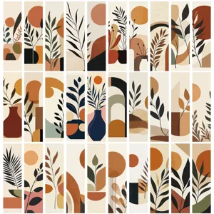 Close-up detail van boho botanische abstracte boekenleggers met retro planten en zon vormen.