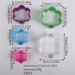 Detailed dimensions for colorful flower-shaped plastic cookie and vegetable cutters