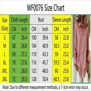 Size guide for women's red plaid long sleeve shirt, S to 3XL bust and length info