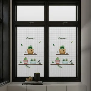 Détail de film dépoli de confidentialité pour fenêtre avec motif de plante en pot minimaliste
