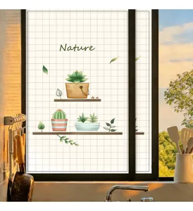 Film de fenêtre dépoli pour l'intimité avec un motif de plante en pot minimaliste