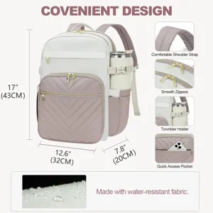 Sac à dos fonctionnel pour ordinateur avec dimensions et détails du tissu imperméable.