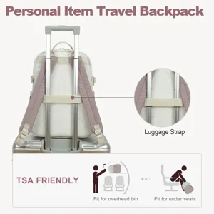 Détail de la sangle de bagage sur un sac à dos de voyage fixé sur une poignée de valise