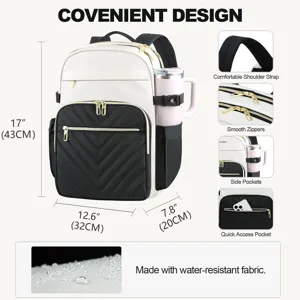 Sac à dos professionnel imperméable avec dimensions et détails des fonctions.