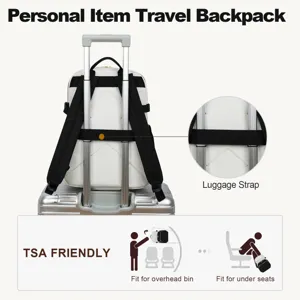 Sac à dos de voyage blanc avec sangle de bagage et design TSA pour sièges d'avion.