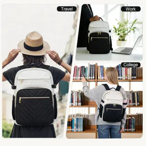 Sac à dos matelassé noir et blanc polyvalent pour le voyage, le travail et les études