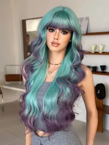 Long wavy teal and purple ombre synthetic wig with bangs for a stylish 30-inch look.