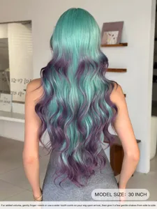Detailed back view of a 30-inch long wavy synthetic wig in teal and purple gradient