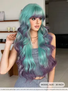 Detail view of 30 inch long wavy wig in mint green and purple gradient