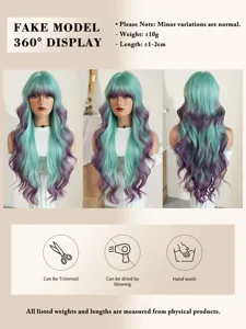 Detailed 360° display of long wavy teal and purple gradient synthetic wig for women