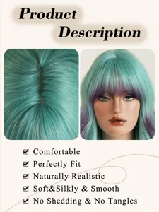 Close-up detail of teal and purple gradient long wavy synthetic wig with bangs