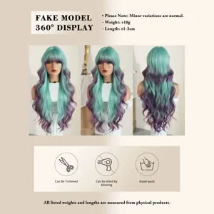 Long wavy mint green to purple gradient synthetic wig with bangs heat resistant