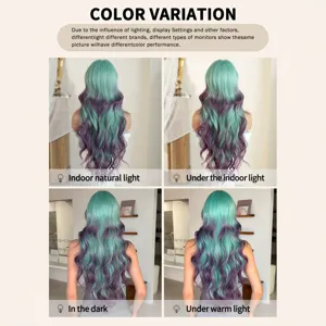 Long wavy teal and purple gradient synthetic wig shown in four different lighting conditions