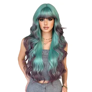 30-inch long wavy synthetic wig with bangs and mint green to purple gradient color style.