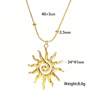 Detailed size specifications for gold hammered sun pendant necklace in stainless steel