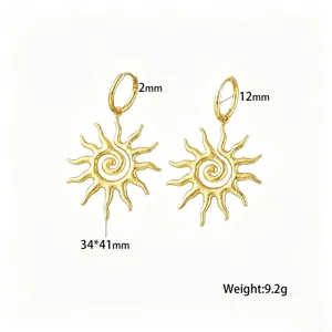 Detailed dimensions of stainless steel hammered spiral sun hoop earrings with 9.2g weight.