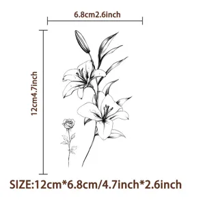 Black lily rose tattoo sticker detail showing floral line art design and size dimensions.