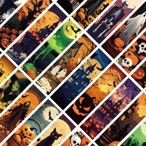 Set of 30 Halloween bookmarks featuring spooky haunted house and pumpkin illustrations.