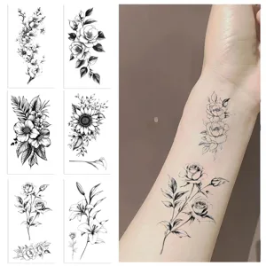 Waterproof black floral temporary tattoo stickers, realistic rose and lily design for arm art.