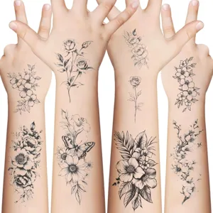 10 sheets black floral temporary tattoo stickers, waterproof body art for arms and face.
