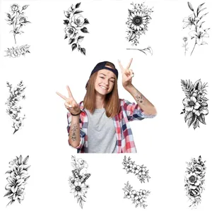 10 sheets black floral tattoo stickers botanical temporary body art for arms and face.