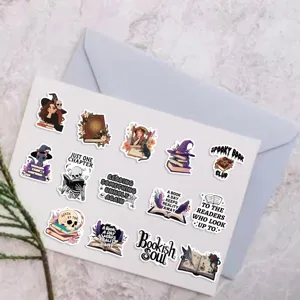 Detailed view of vintage bookish sticker pack, perfect for journals and water bottles.