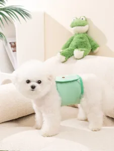 Bonita faja ventral verde para perros macho con detalle de rana de dibujos animados en escena