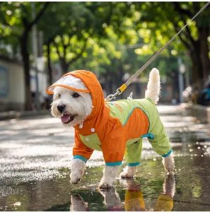 Wasserdichter Haustier Regenmantel für kleine Hunde, orange-grüner Hundeponcho mit Kapuze.