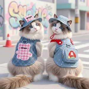Retro Hong Kong Style Pet Cat Denim Clothes Summer Thin Breathable Hooded Sling Dress With Hat And Small Backpack Pet Apparel