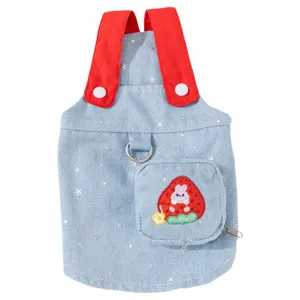 Adorable denim pet overalls with red straps and star pattern, breathable dog cat clothes.