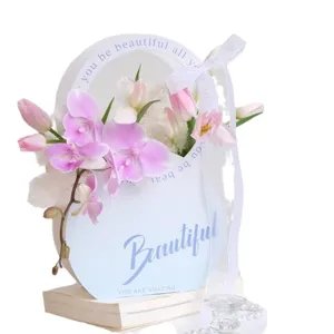 Elegant Round Paper Flower Packaging Box With Cutout Handle Decorative Gift Basket For Mothers Day Wedding Party Flower Arrangement
