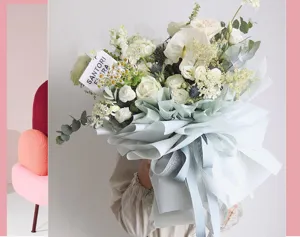 Gedetailleerd overzicht van waterdicht bloemeninpakpapier in Koreaanse stijl, prachtig boeket.