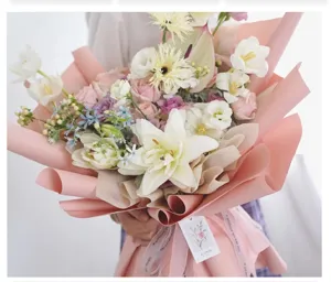 Korean style pink waterproof flower wrapping paper for romantic rose bouquets and gift packaging.