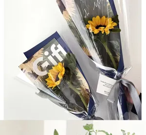 Sunflower bouquet detail view with waterproof Korean style wrapping paper and elegant ribbon.