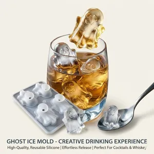 Moule a glacons fantome en silicone pour cocktails d Halloween, whisky et boisons.