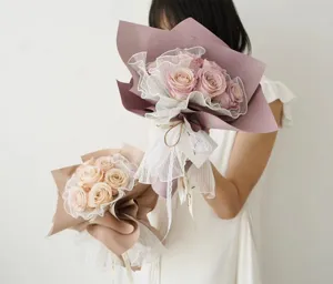 Detailed view of Korean style flower bouquet wrapping mesh, pleated ruffle tulle material.