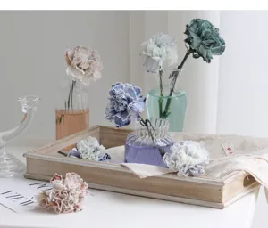 Gradient dyed carnations flower arrangement set with clear glass vases and wooden tray for decor.