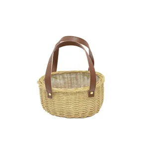 Pastoraler Handgewebter Weiden-Rattan-Blumenkorb Mit Lederriemen Handgehaltener Schulranzen Förmiger Webkorb Für Hausdekoration Blumenarrangement