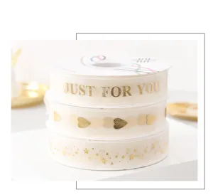 2.6cm goud stamping organza lint met tekst en sterren voor bloemen verpakking cadeau.