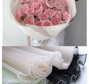 Detail view of Korean style pearl wavy mesh fresh flower bouquet wrapping material, pleated lace.