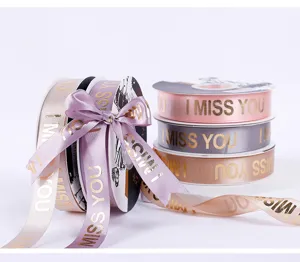 2.5cm Gold Stamped Satin Ribbon Letter Print DIY Floral Bouquet Packaging Bow Gift Decor