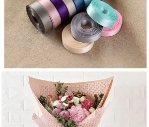 Detail view of 1cm solid color satin ribbon and floral bouquet wrapping for DIY crafts.