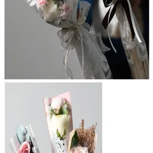 Detailansicht der Vintage Spitzen Blumenverpackung mit OPP Material für Mini Blumensträuße