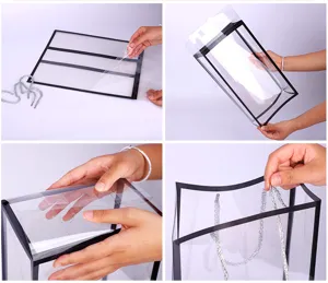 Detail view of transparent PVC gift bag with chic black border and silver rope handles.