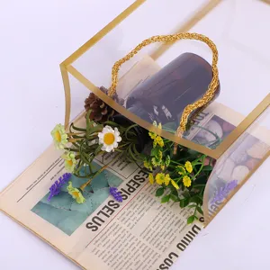 Transparent PVC Flower Handbag with Gold Border, Waterproof Floral Packaging Gift Bag